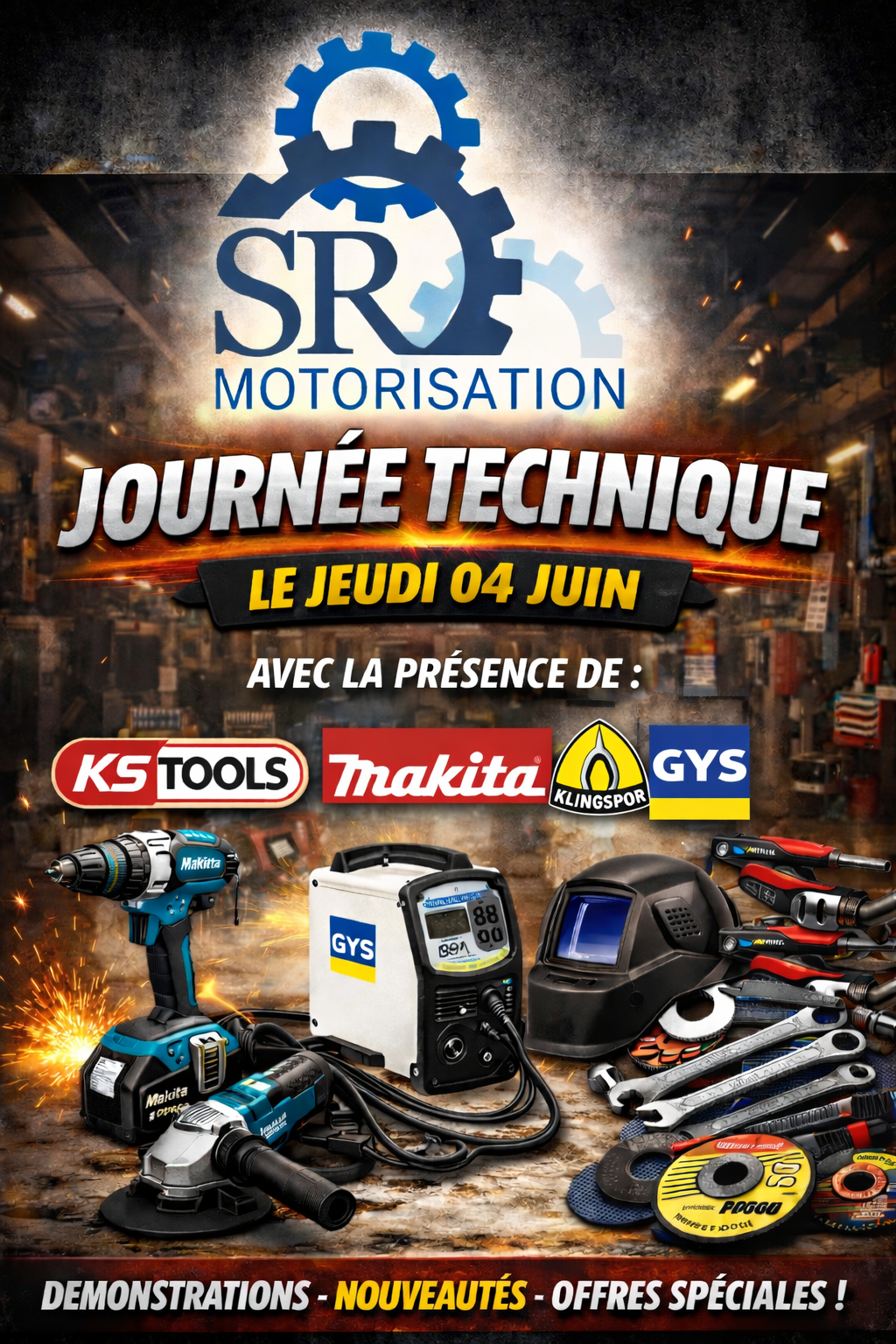 Affiche Journée Technique SR Motorisation avec KS Tools, Makita, Klingspor et GYS